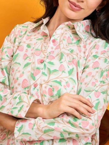 The Kaftan Company Pyjama Set White Strawberry Vine Print Cotton Nightwear Pyjama Set
