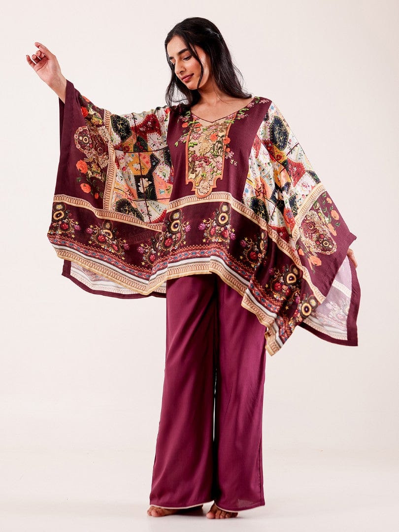 The Kaftan Company Pyjama Set Wine Printed Viscose Rayon Nightwear Pyjama Set