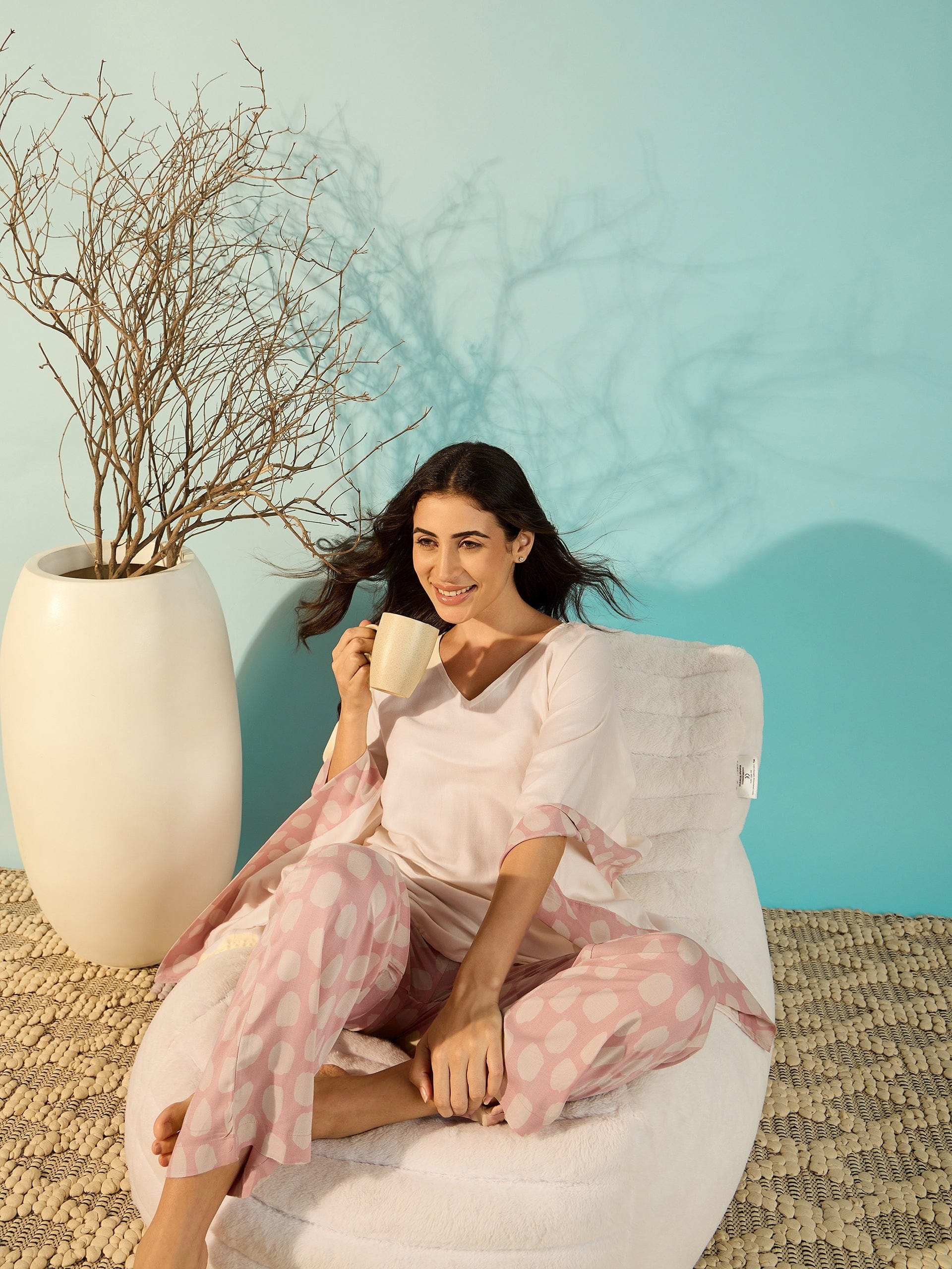 The Kaftan Company Pyjama Set Women Off-White Cozy Modal Pyjama Kaftan Night Suit Set