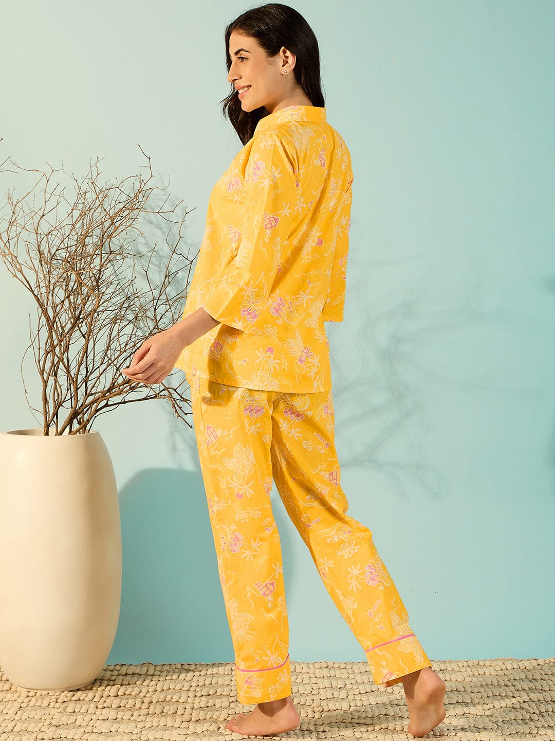 The Kaftan Company Pyjama Set Women Radiant Yellow Relaxing Soft Cotton Pyjama Set