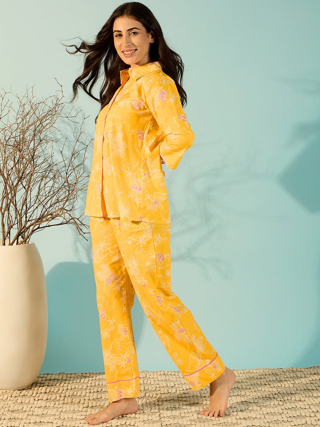 The Kaftan Company Pyjama Set Women Radiant Yellow Relaxing Soft Cotton Pyjama Set