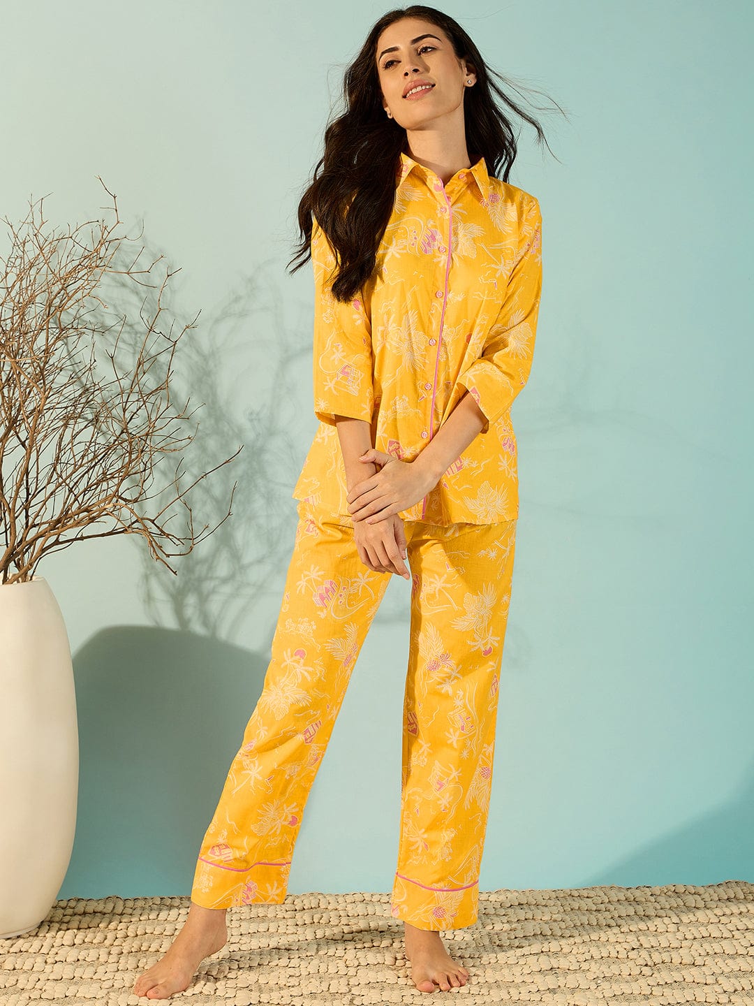 The Kaftan Company Pyjama Set Women Radiant Yellow Relaxing Soft Cotton Pyjama Set