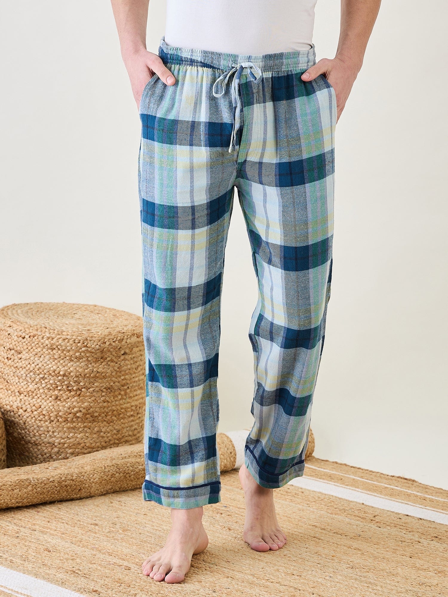The Kaftan Company Pyjamas Mens Blue Checks Lounge Pants