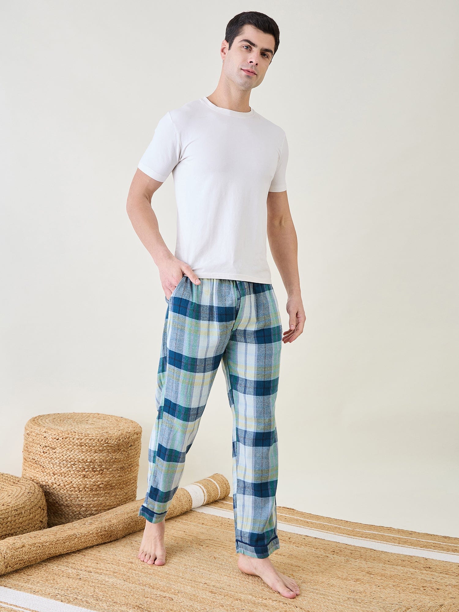 The Kaftan Company Pyjamas Mens Blue Checks Lounge Pants