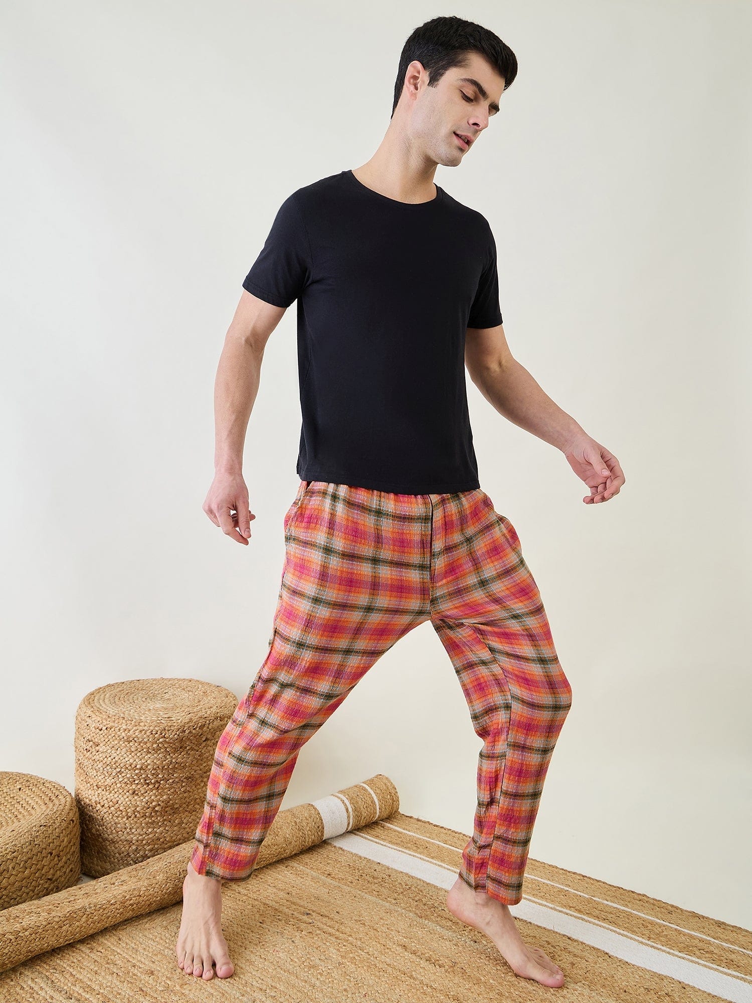 The Kaftan Company Pyjamas Orange Checkered Narrow Fit Lounge Pants