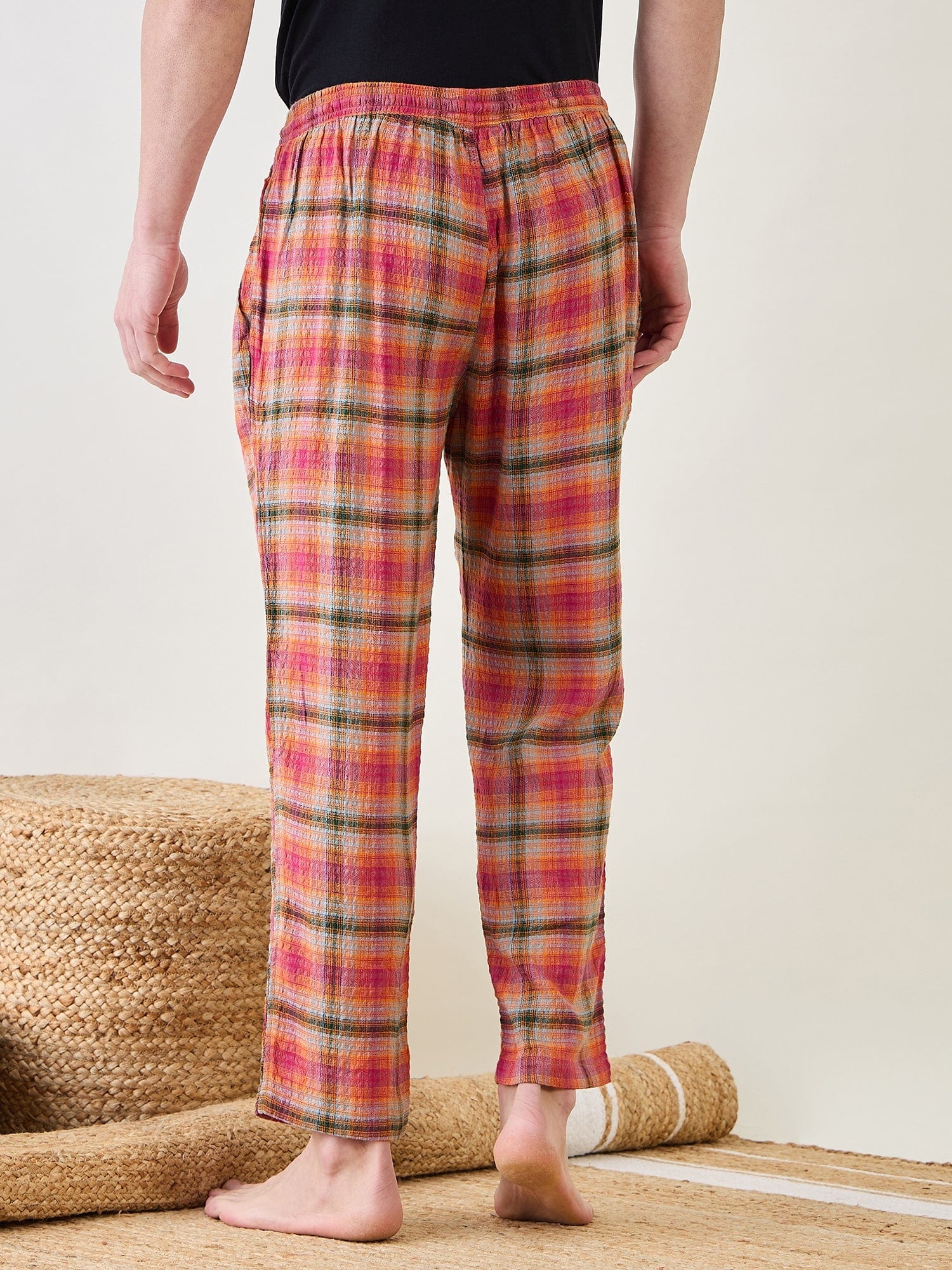 The Kaftan Company Pyjamas Orange Checkered Narrow Fit Lounge Pants