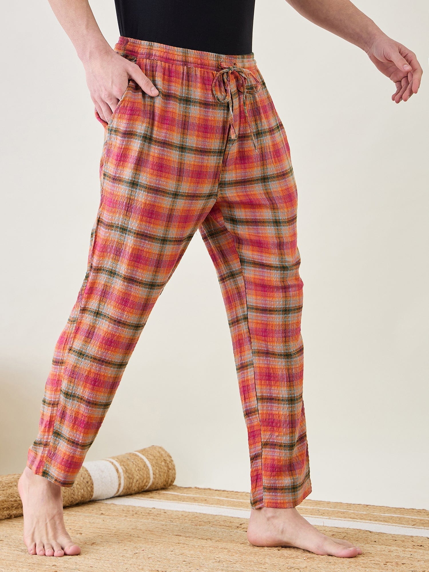 The Kaftan Company Pyjamas Orange Checkered Narrow Fit Lounge Pants