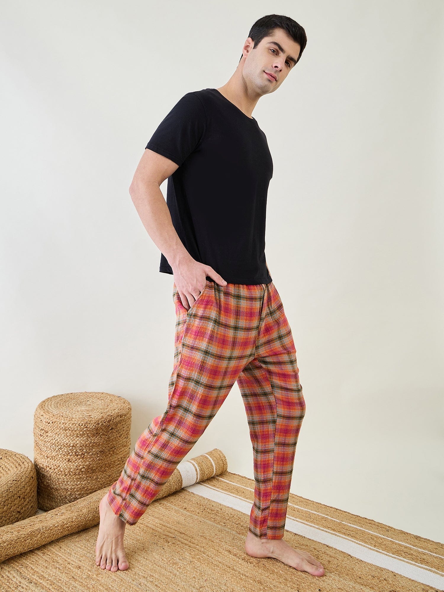 The Kaftan Company Pyjamas Orange Checkered Narrow Fit Lounge Pants