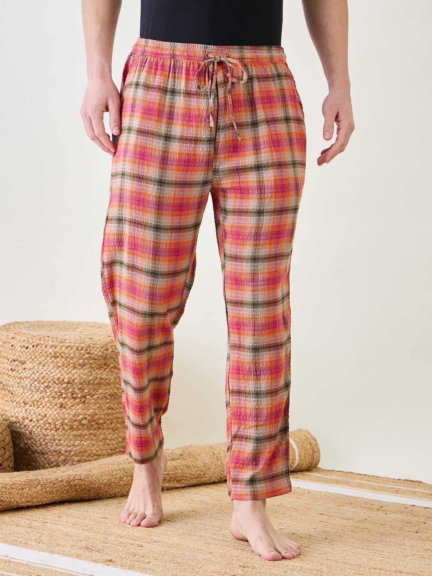 The Kaftan Company Pyjamas Orange Checkered Narrow Fit Lounge Pants