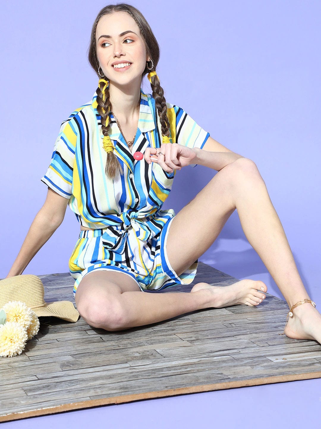 The Kaftan Company Shorts Set Blue and White Striped Shirt and Shorts Set