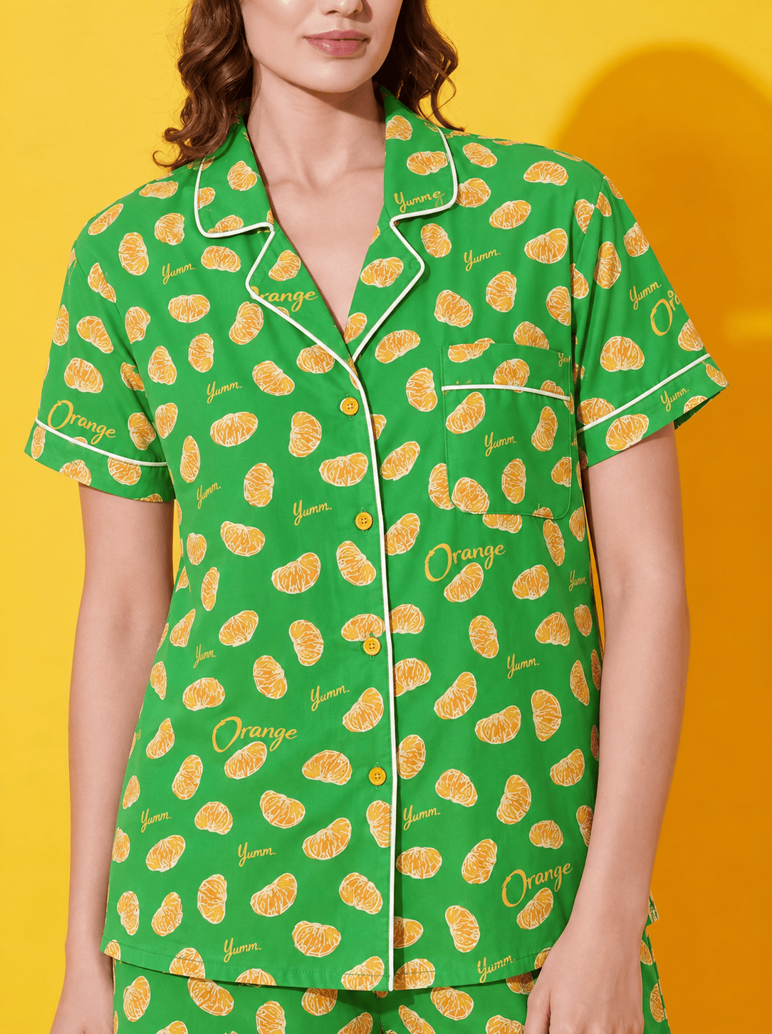 The Kaftan Company Shorts Set Green Citrus Print Crepe Shirt and Shorts Set for Women