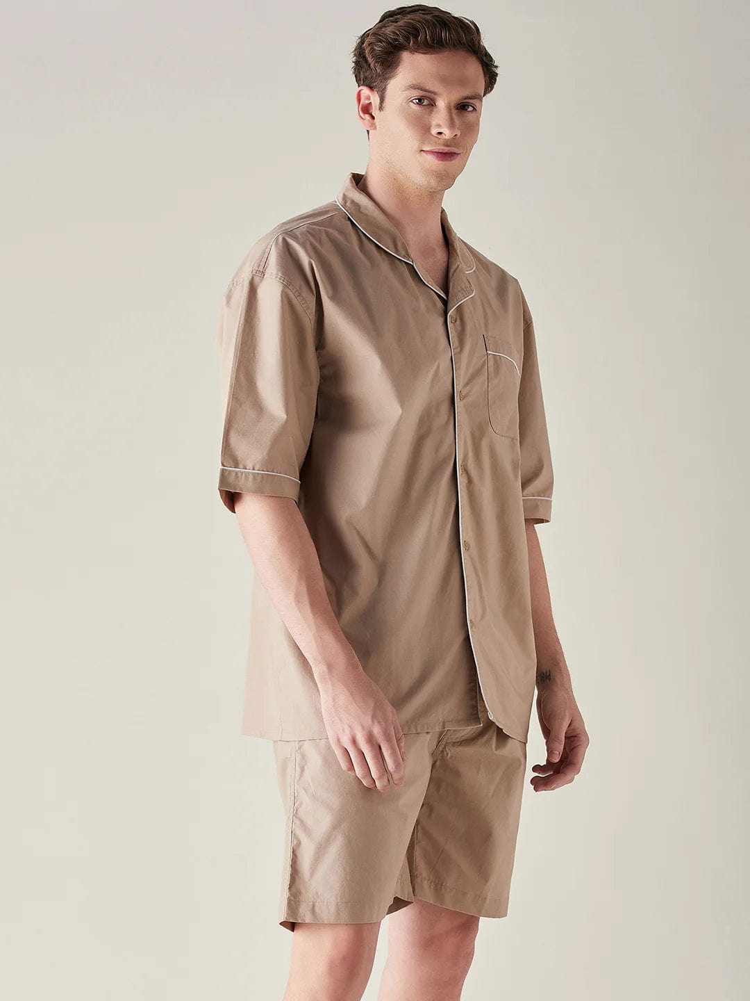 The Kaftan Company Shorts Set Mens Beige Solid Pure Cotton Crisp Shorts Set