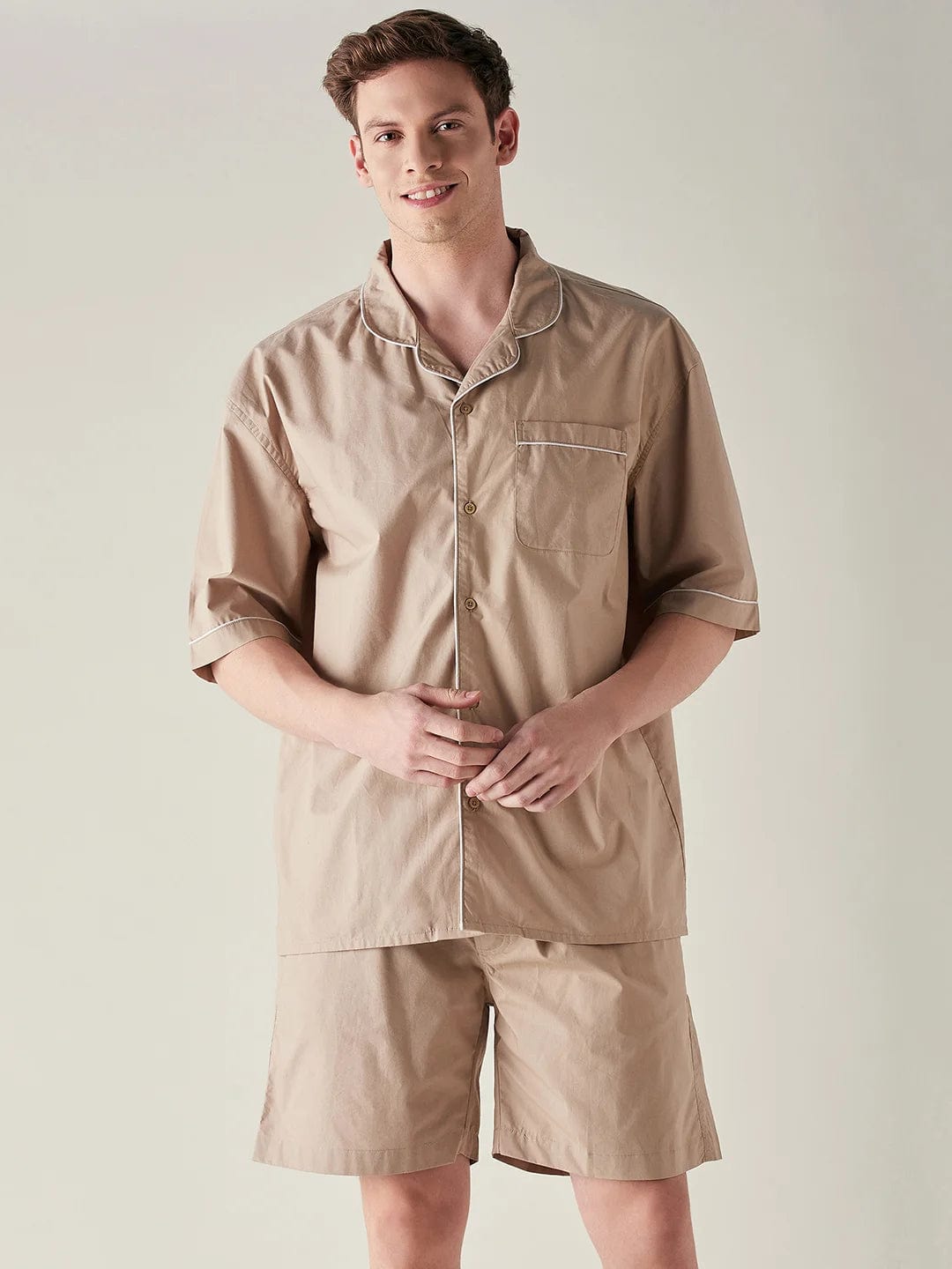 The Kaftan Company Shorts Set Mens Beige Solid Pure Cotton Crisp Shorts Set