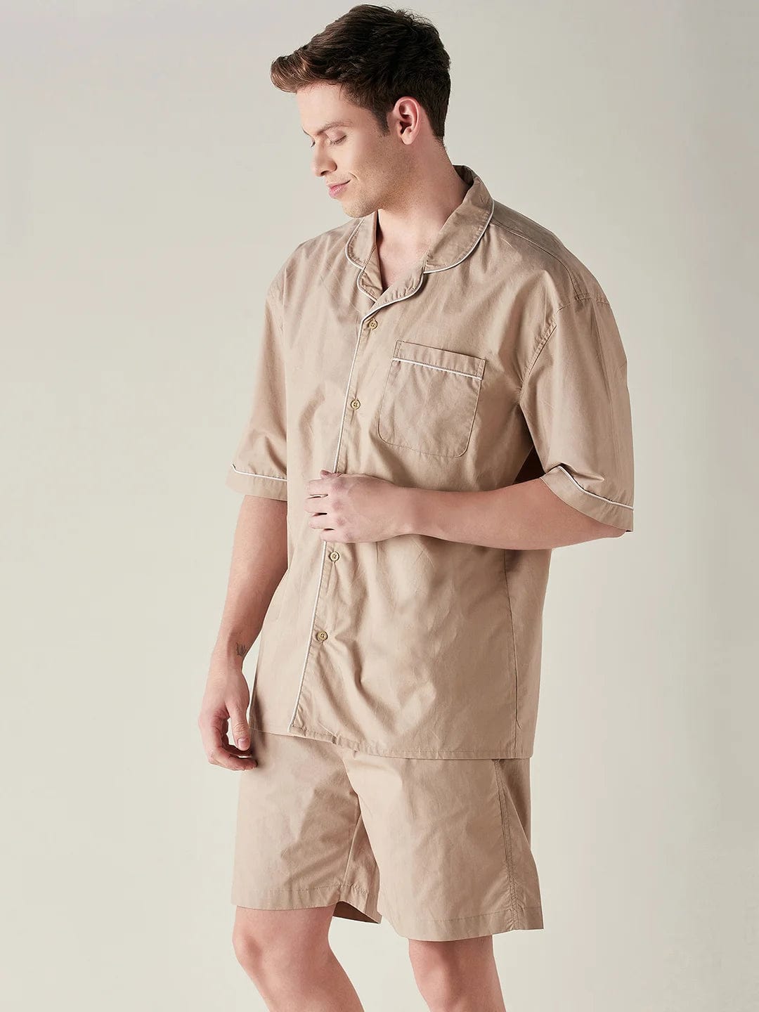 The Kaftan Company Shorts Set Mens Beige Solid Pure Cotton Crisp Shorts Set