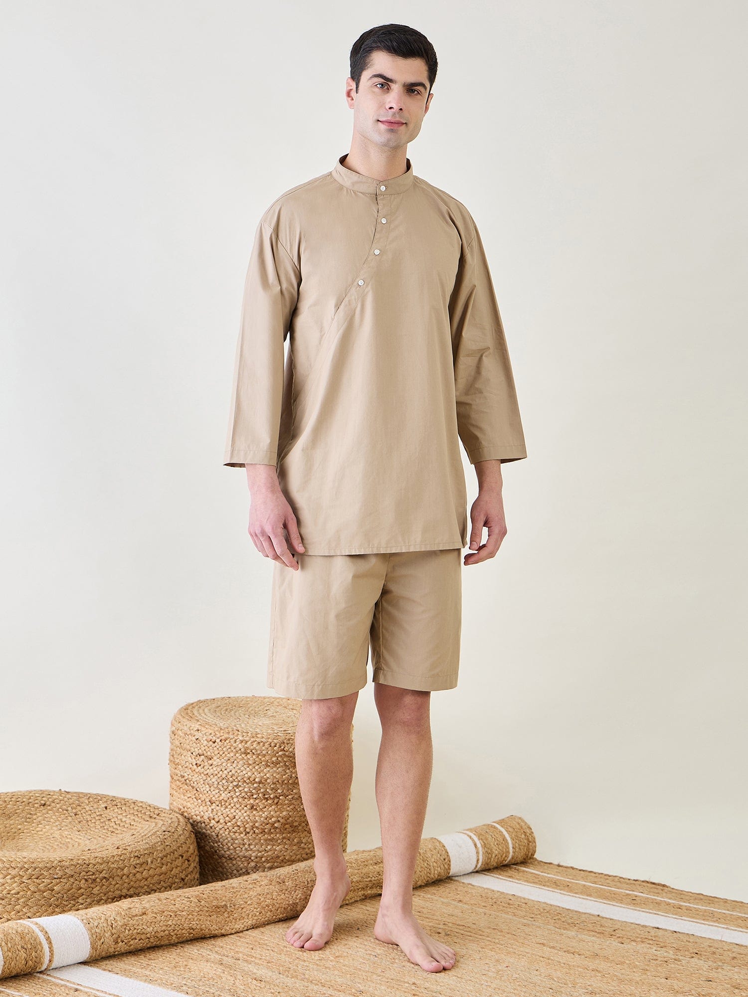 The Kaftan Company Shorts Set Mens Beige Top and Shorts Set