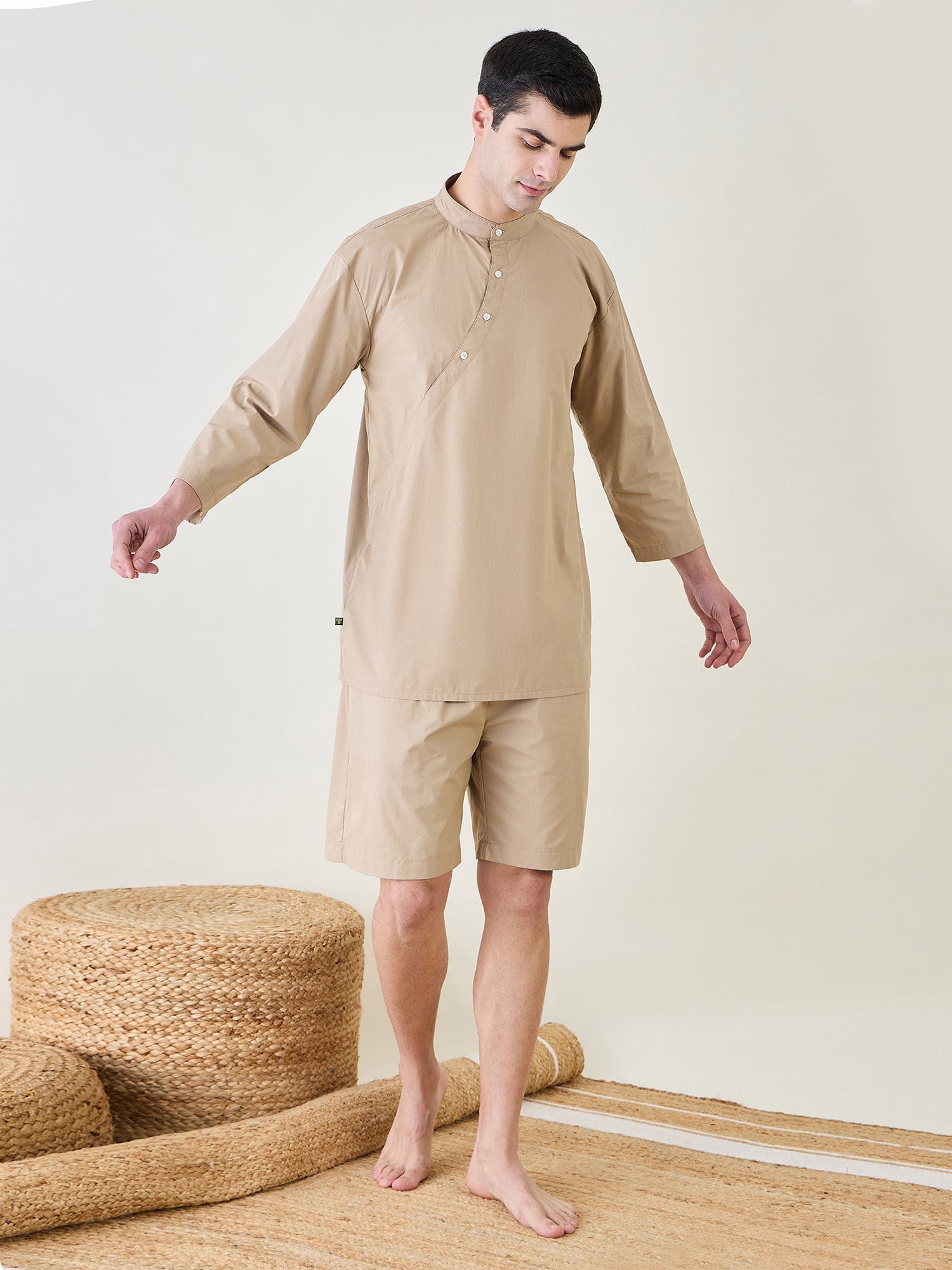 The Kaftan Company Shorts Set Mens Beige Top and Shorts Set