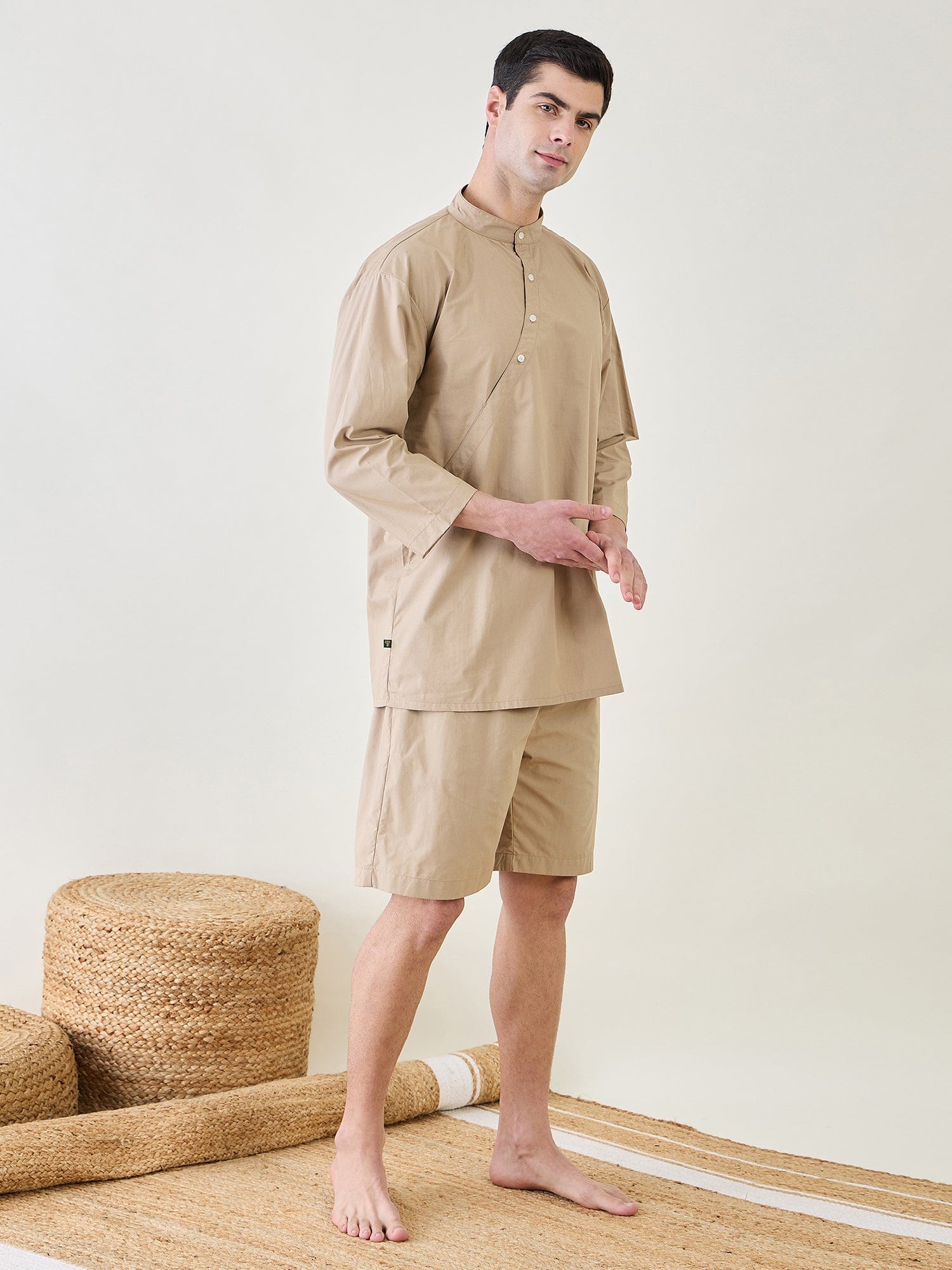 The Kaftan Company Shorts Set Mens Beige Top and Shorts Set