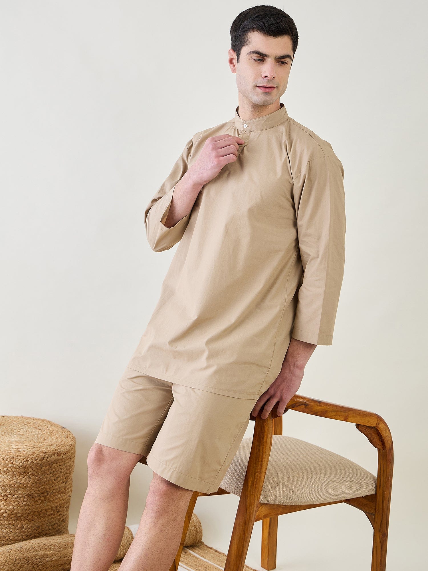 The Kaftan Company Shorts Set Mens Beige Top and Shorts Set