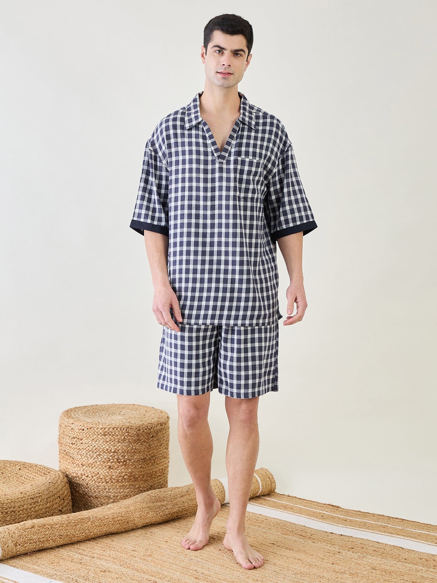 The Kaftan Company Shorts Set Mens Blue Checks Shorts Set