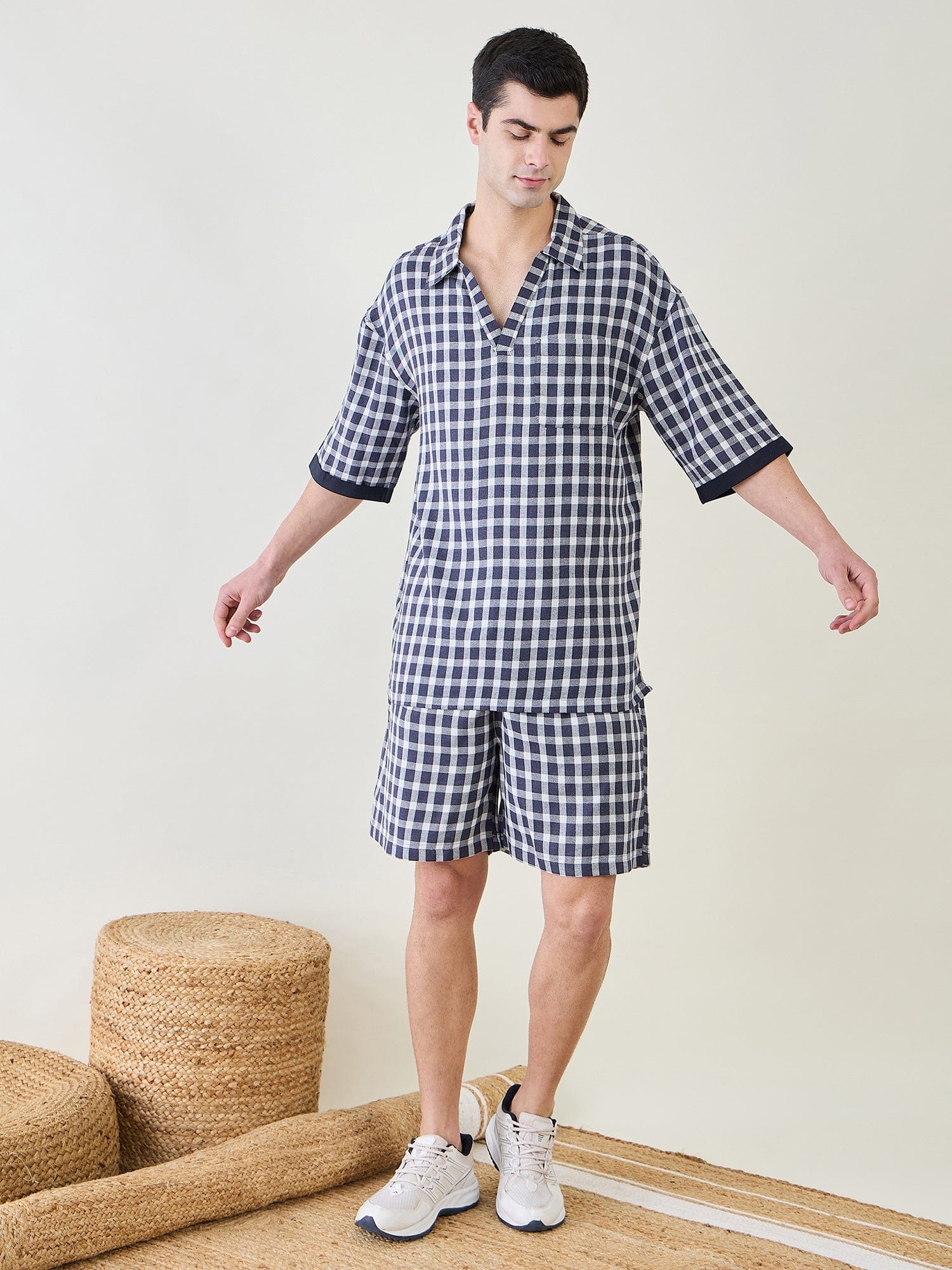 The Kaftan Company Shorts Set Mens Blue Checks Shorts Set