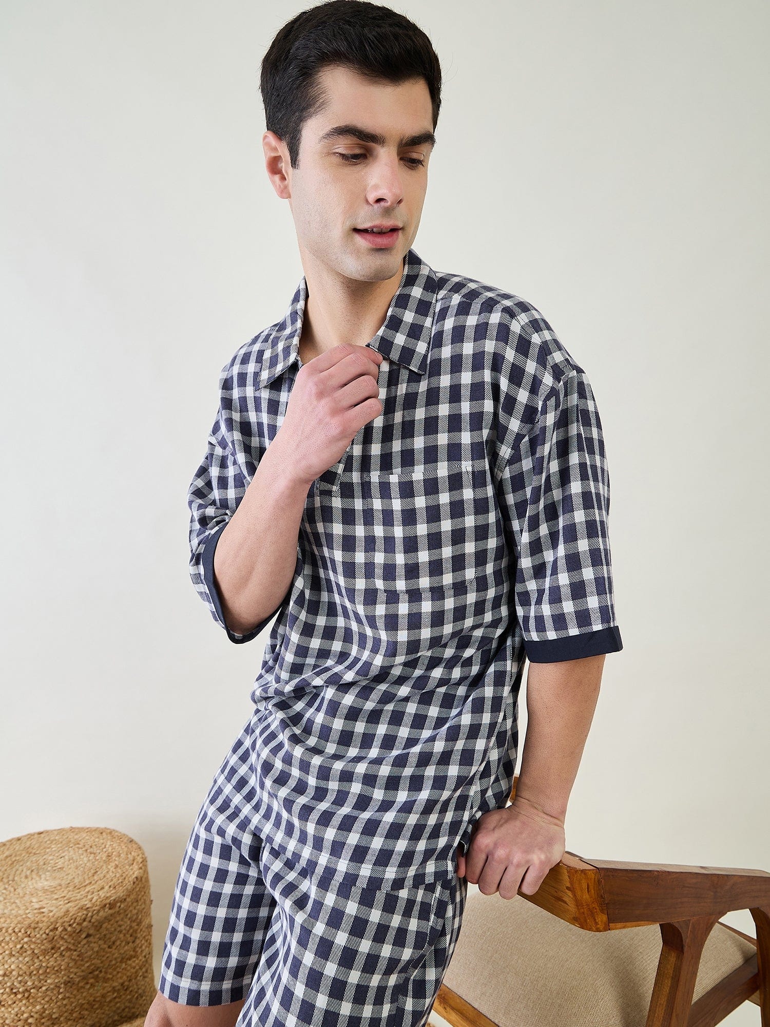 The Kaftan Company Shorts Set Mens Blue Checks Shorts Set