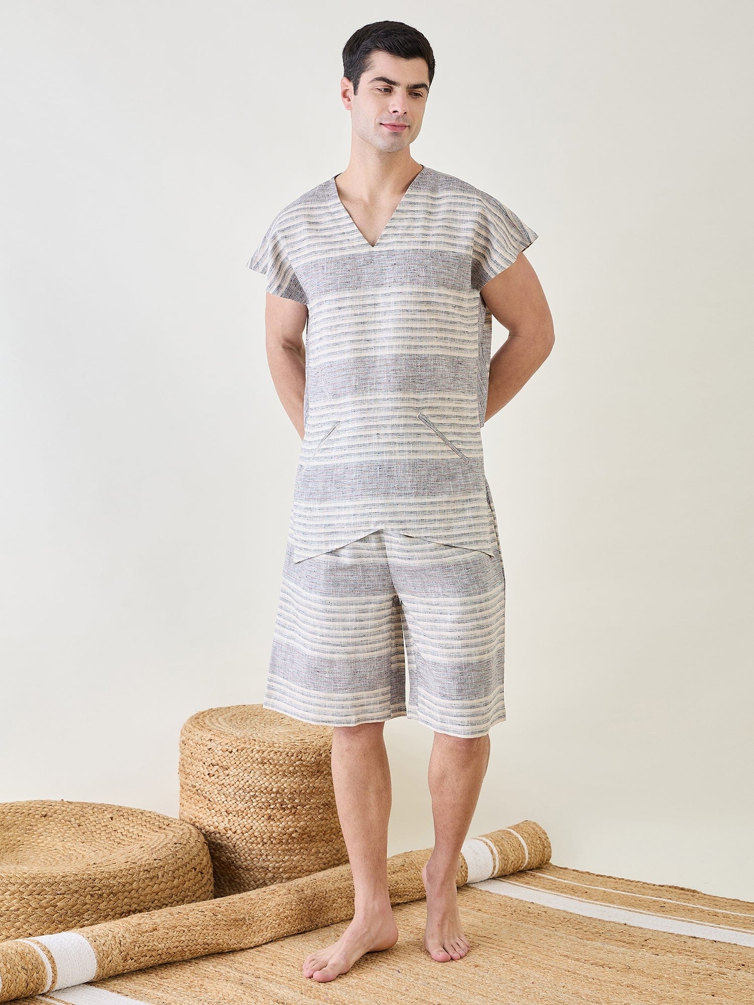 The Kaftan Company Shorts Set Mens Grey Cotton Kimono Top and Shorts Set