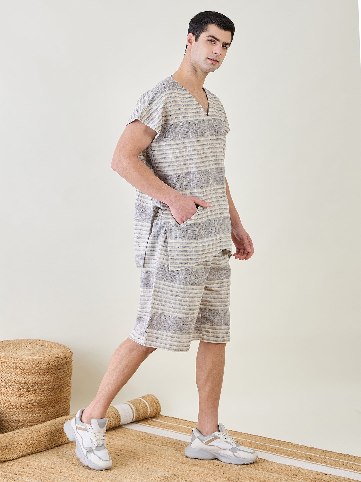 The Kaftan Company Shorts Set Mens Grey Cotton Kimono Top and Shorts Set