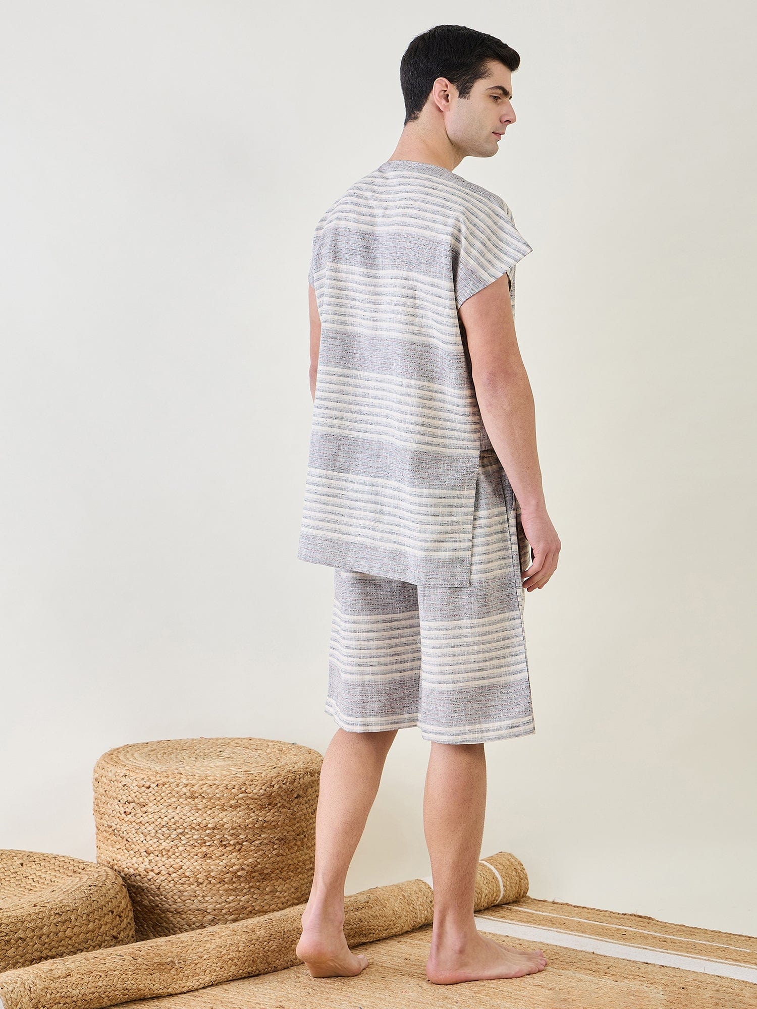 The Kaftan Company Shorts Set Mens Grey Cotton Kimono Top and Shorts Set