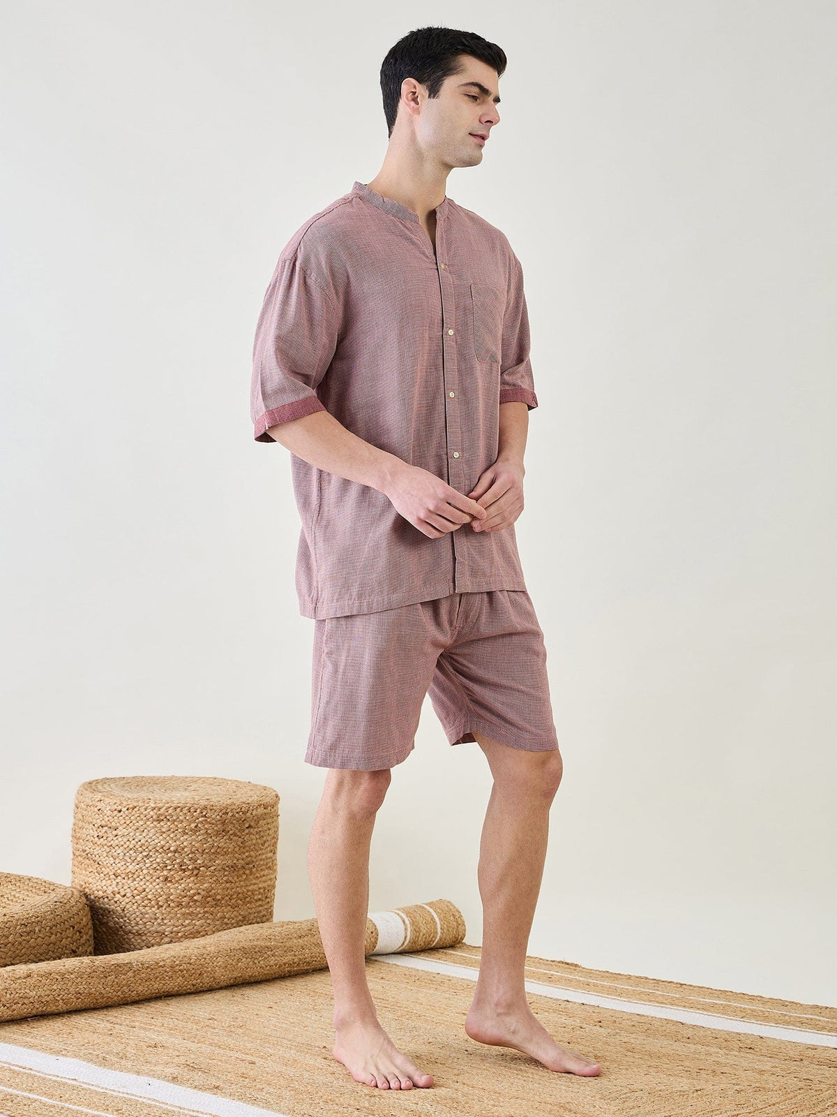 The Kaftan Company Shorts Set Mens Red Checks Cotton Shorts Set