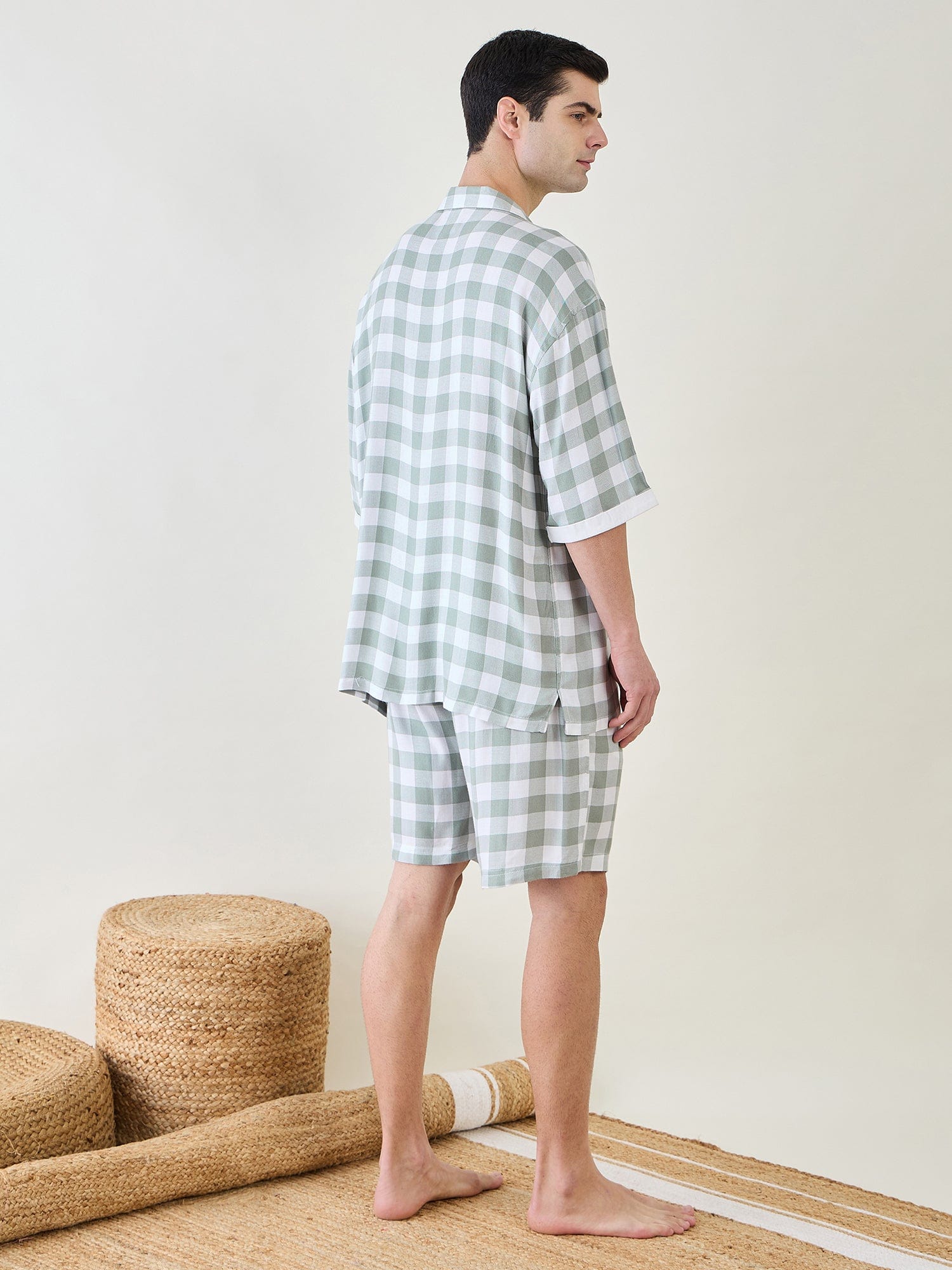 The Kaftan Company Shorts Set Mens Sage Checks Co-ord Set