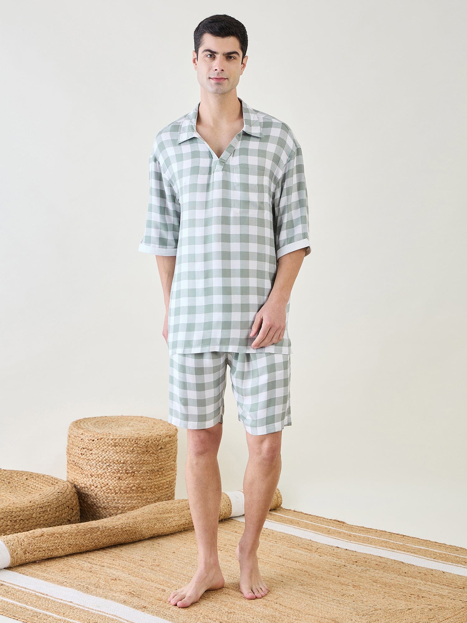 The Kaftan Company Shorts Set Mens Sage Checks Co-ord Set
