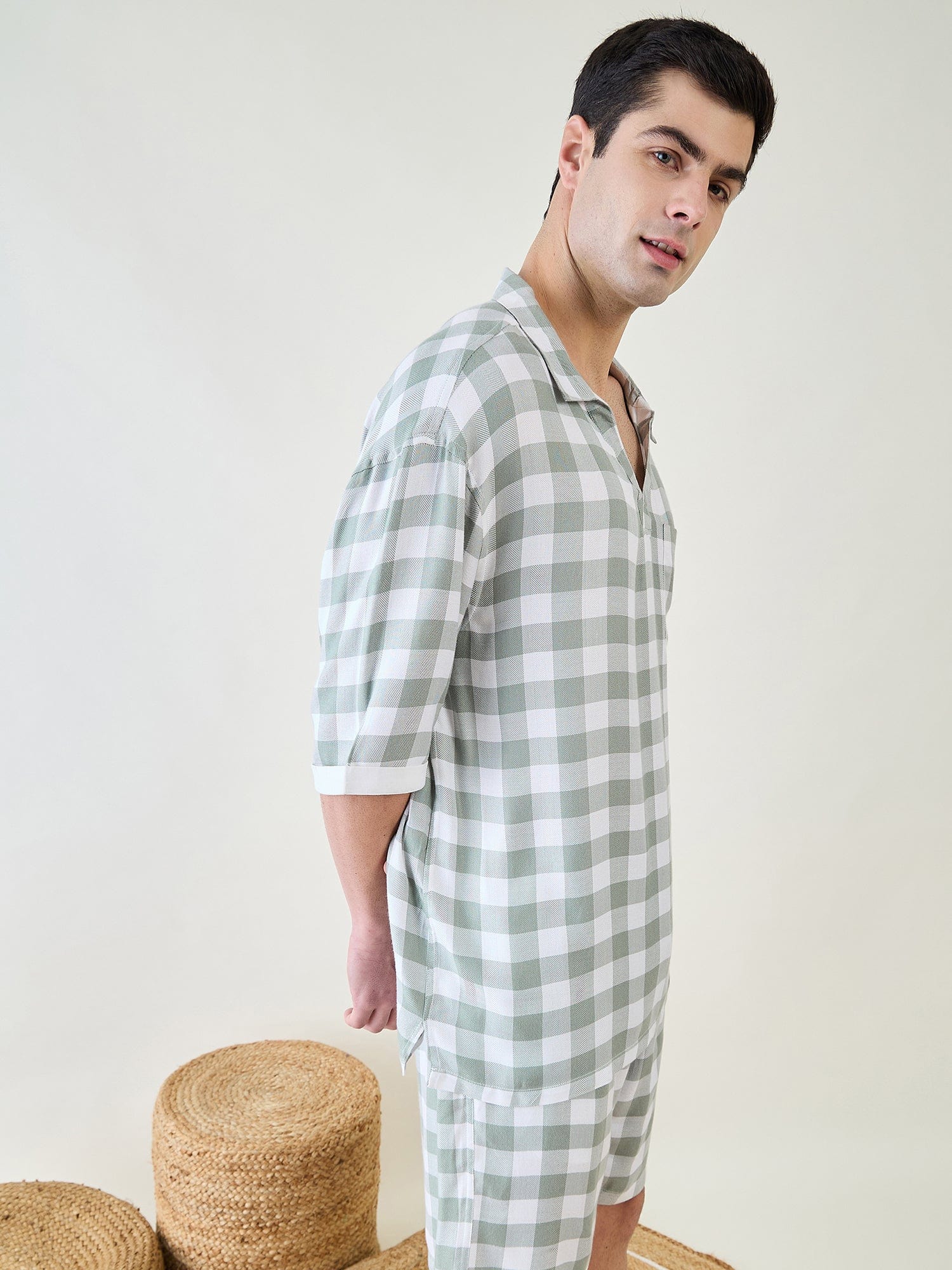 The Kaftan Company Shorts Set Mens Sage Checks Co-ord Set