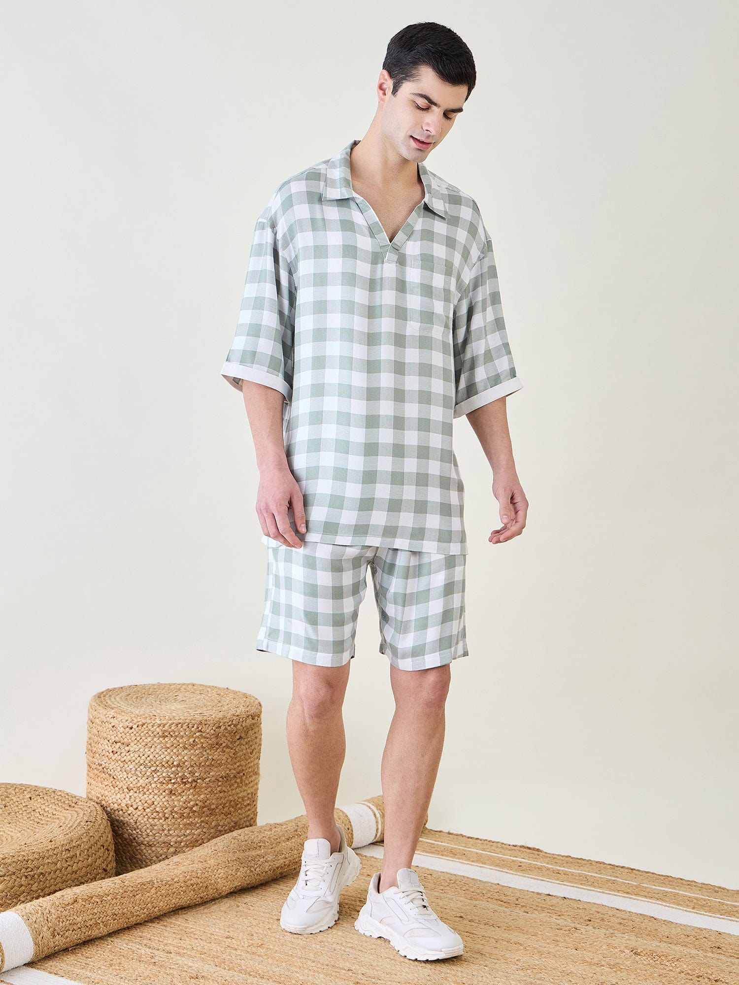 The Kaftan Company Shorts Set Mens Sage Checks Co-ord Set