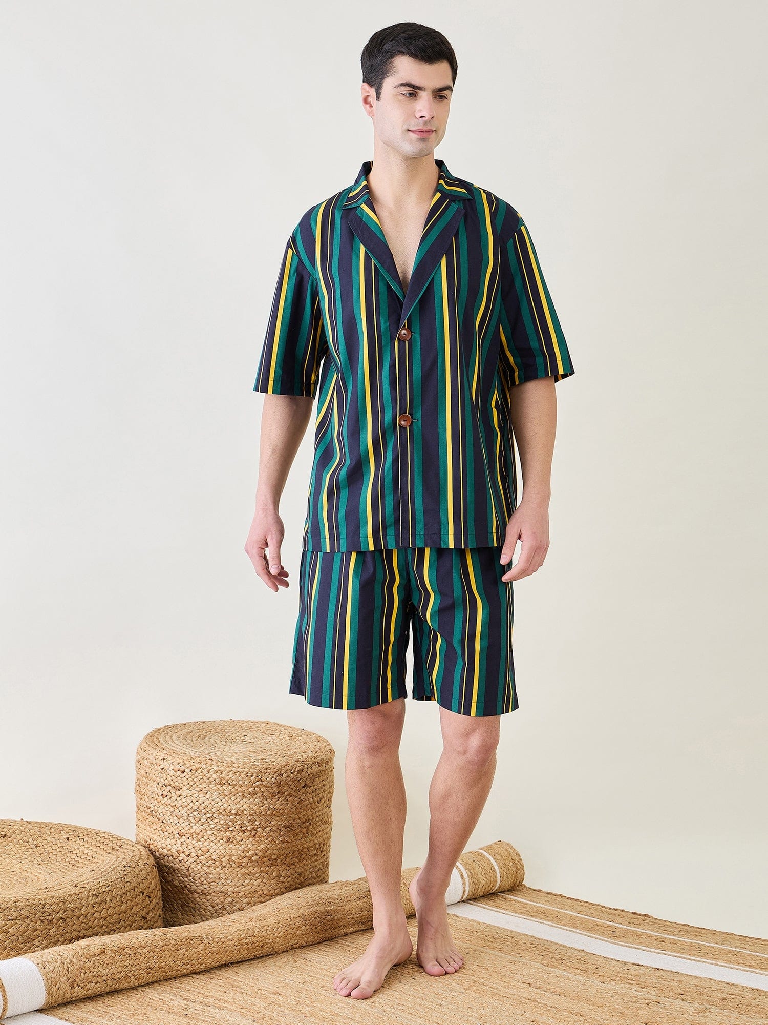 The Kaftan Company Shorts Set Mens Striped Collar Shirt and Shorts Set