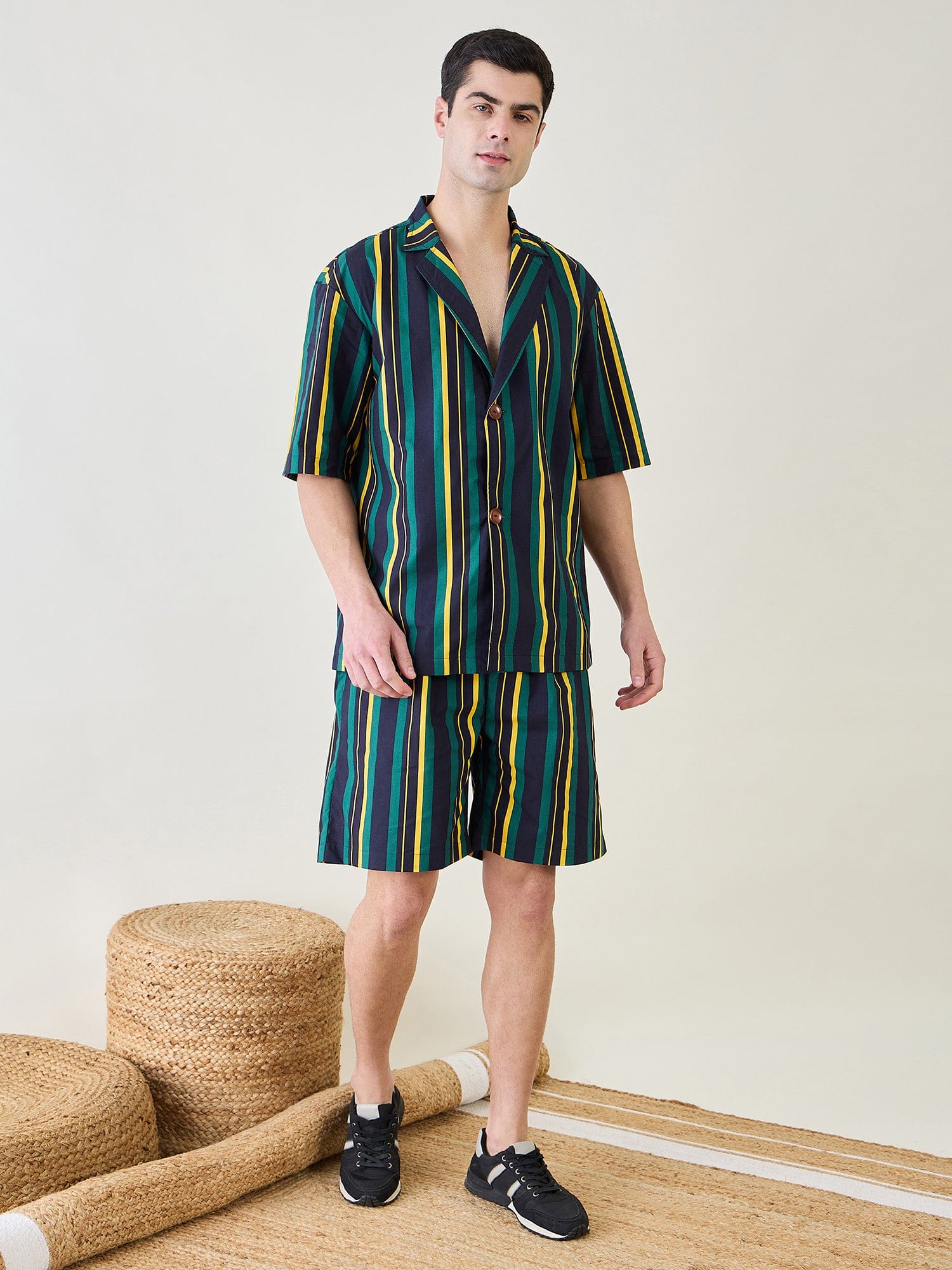 The Kaftan Company Shorts Set Mens Striped Collar Shirt and Shorts Set