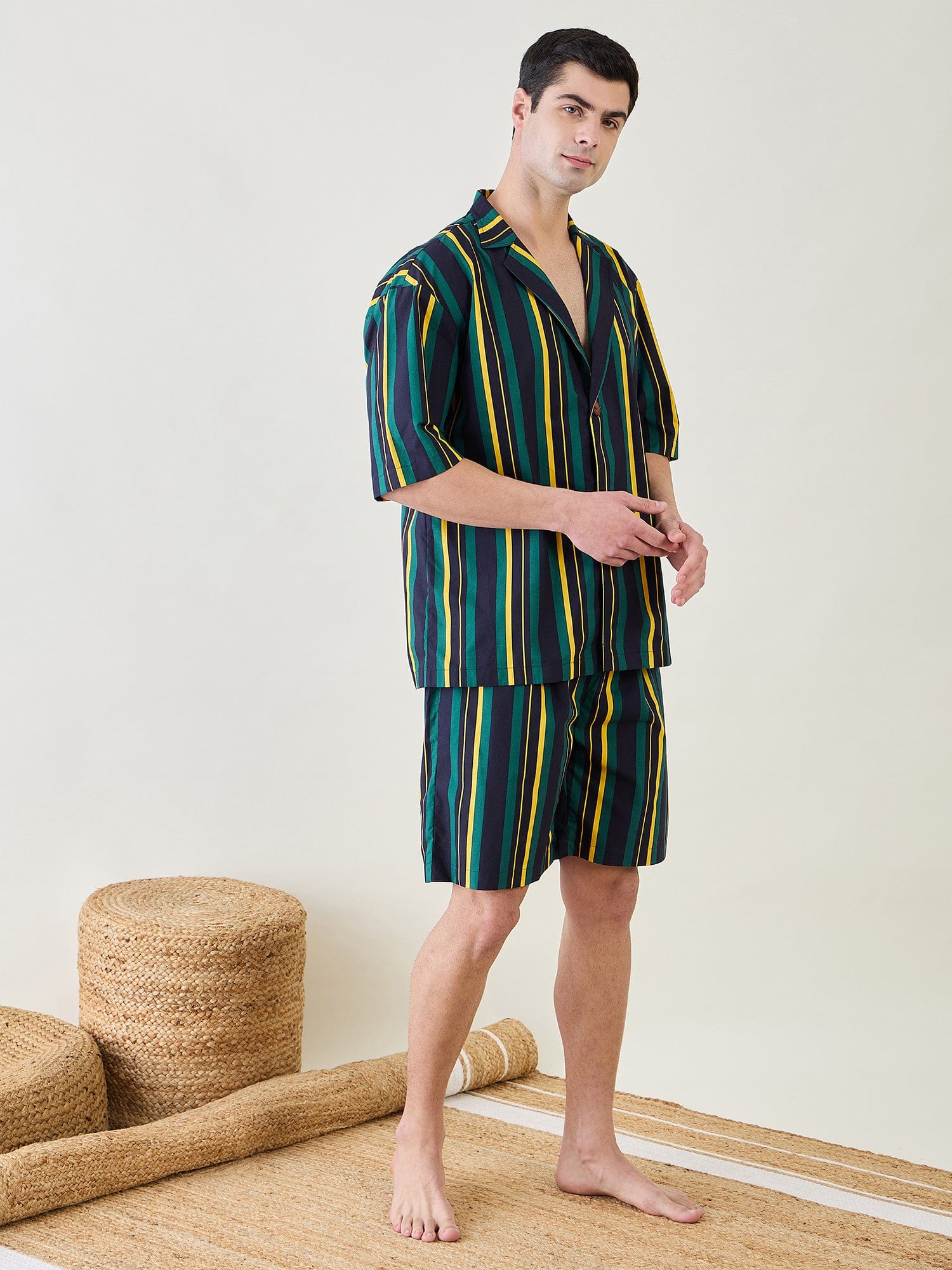 The Kaftan Company Shorts Set Mens Striped Collar Shirt and Shorts Set