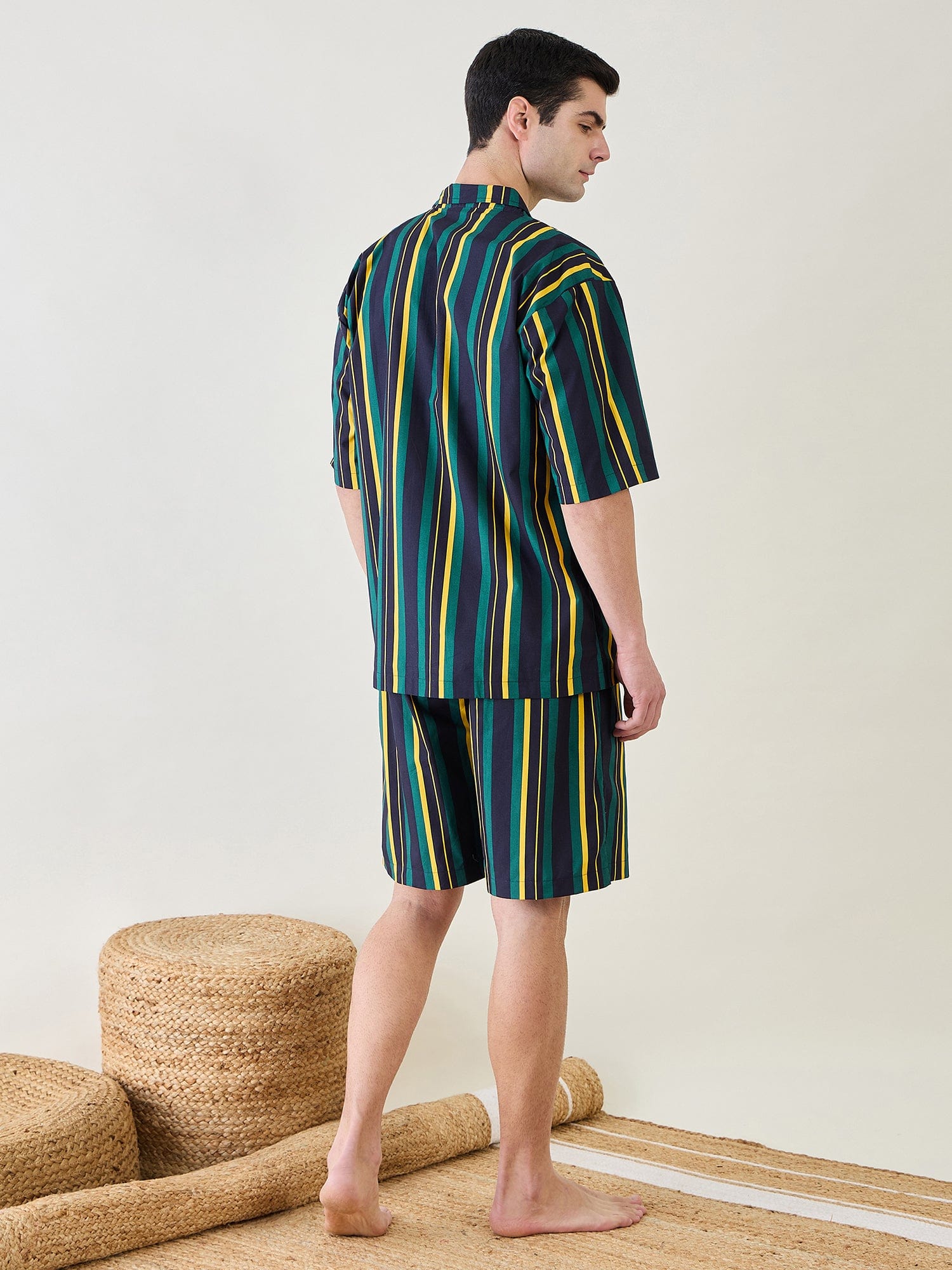 The Kaftan Company Shorts Set Mens Striped Collar Shirt and Shorts Set