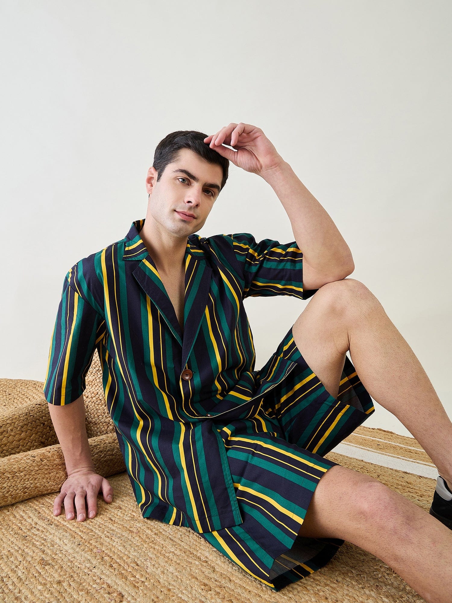 The Kaftan Company Shorts Set Mens Striped Collar Shirt and Shorts Set