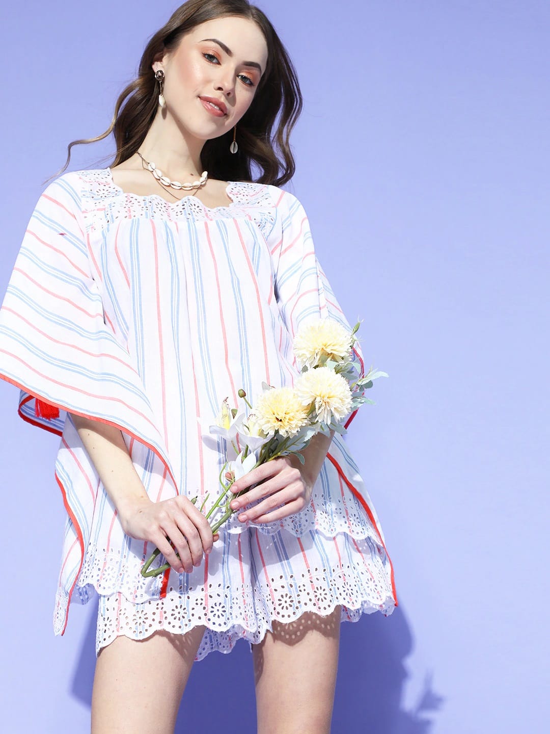 The Kaftan Company Shorts Set White Stripes Schiffli Cotton Shorts and Kaftan Set