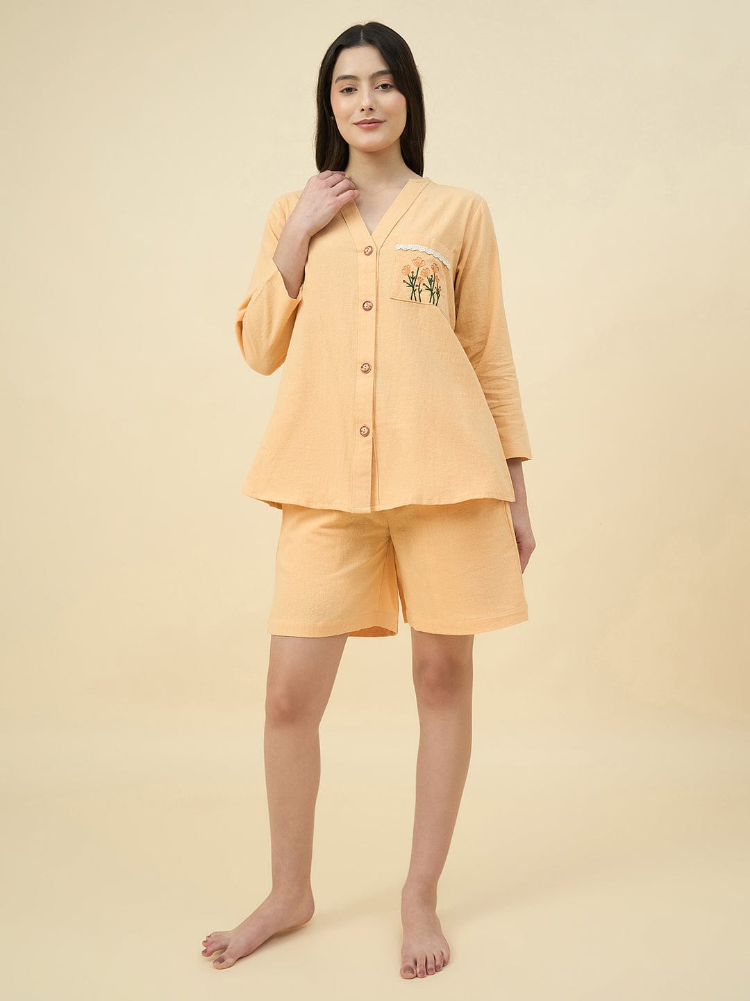 The Kaftan Company Shorts Set Yellow Cotton Nightwear Shorts Set – Hand Embroidered Pockets
