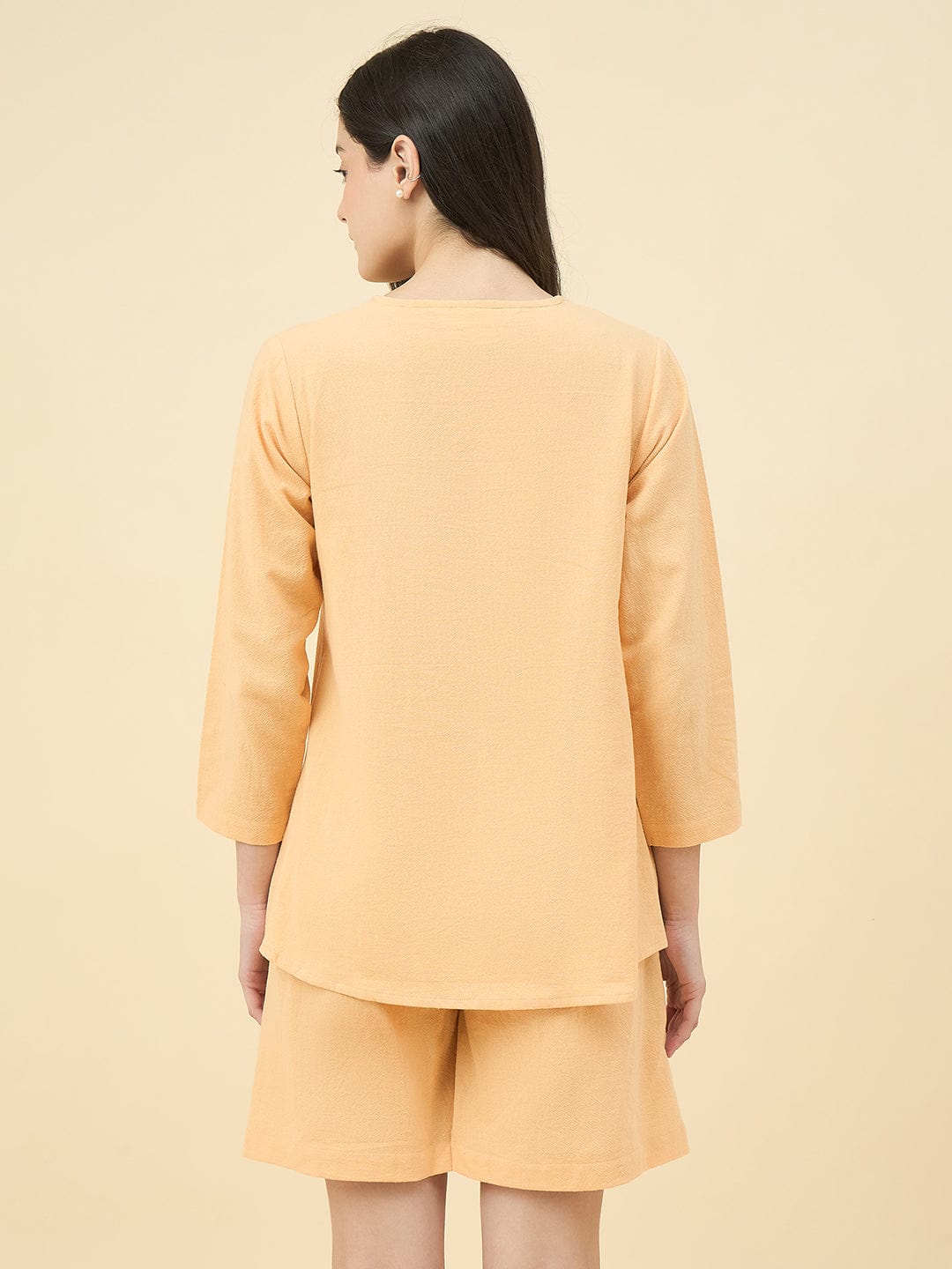 The Kaftan Company Shorts Set Yellow Cotton Nightwear Shorts Set – Hand Embroidered Pockets
