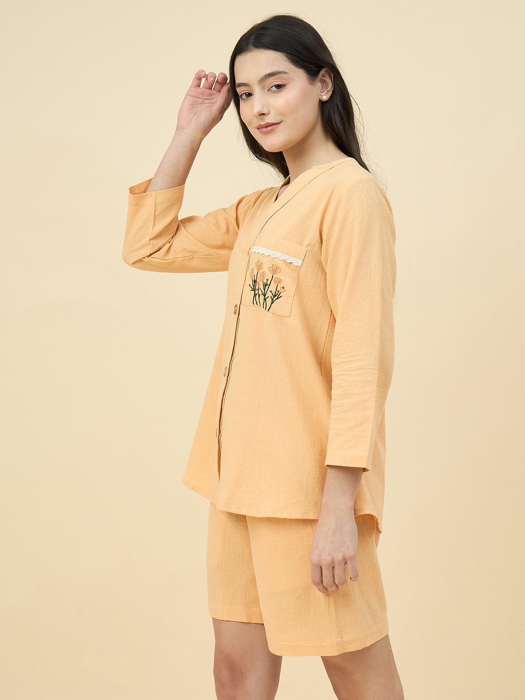 The Kaftan Company Shorts Set Yellow Cotton Nightwear Shorts Set – Hand Embroidered Pockets