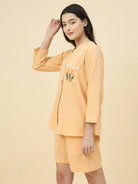 The Kaftan Company Shorts Set Yellow Cotton Nightwear Shorts Set – Hand Embroidered Pockets