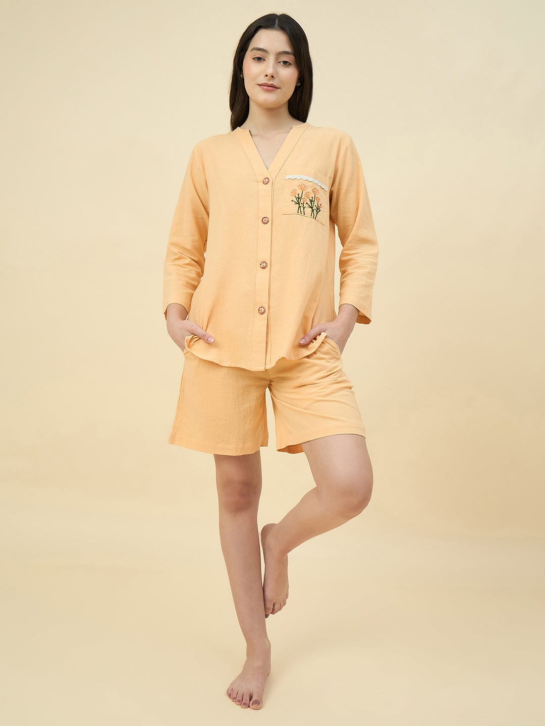 The Kaftan Company Shorts Set Yellow Cotton Nightwear Shorts Set – Hand Embroidered Pockets