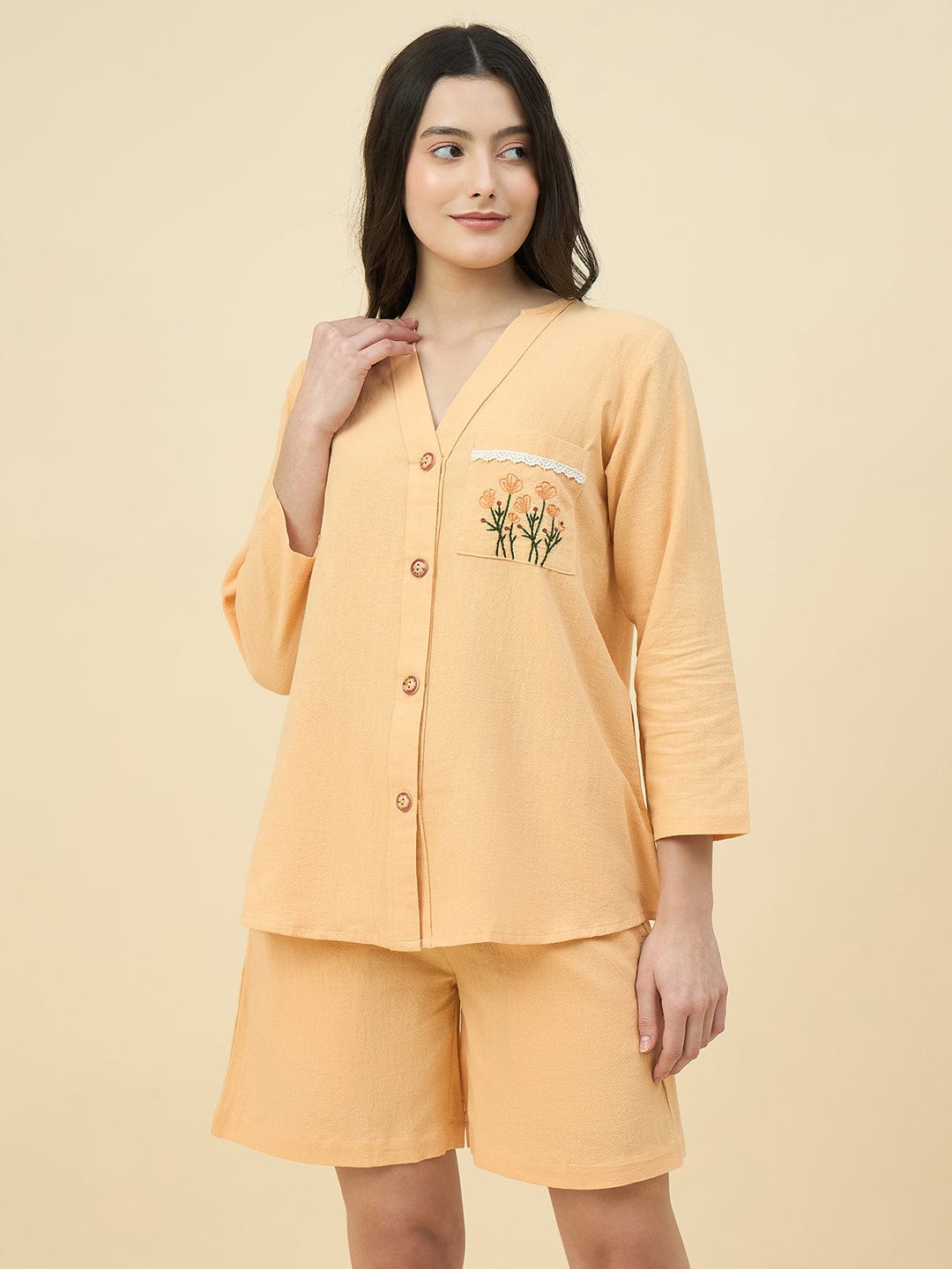 The Kaftan Company Shorts Set Yellow Cotton Nightwear Shorts Set – Hand Embroidered Pockets