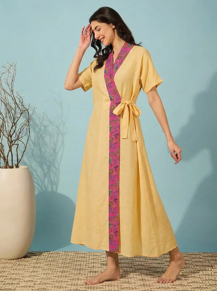 The Kaftan Company Sleep Gown Butter Yellow Modal Wrap Sleep Gown with Printed Collar