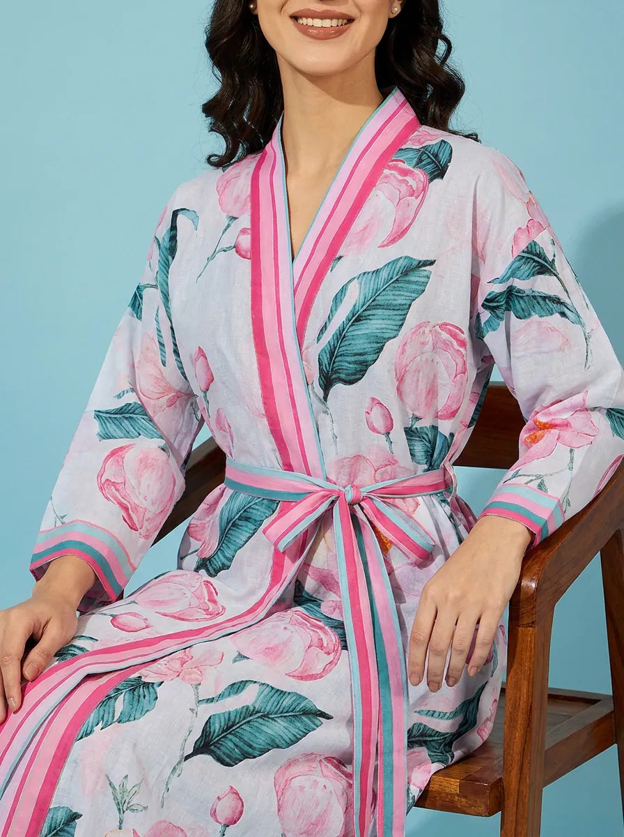 The Kaftan Company Sleep Gown Pink Floral Print Wrap Sleep Gown with Belt