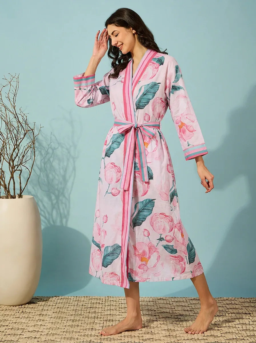 The Kaftan Company Sleep Gown Pink Floral Print Wrap Sleep Gown with Belt