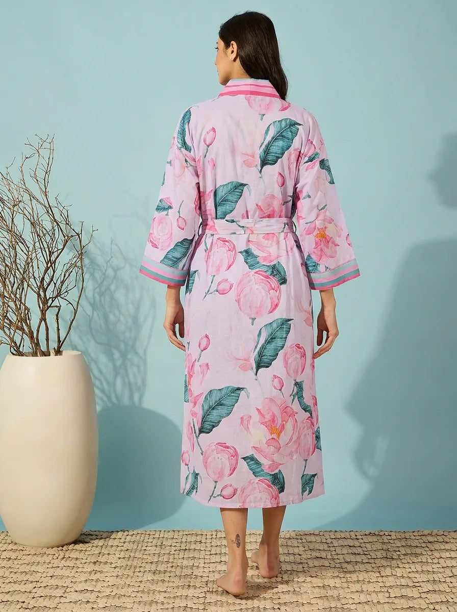The Kaftan Company Sleep Gown Pink Floral Print Wrap Sleep Gown with Belt