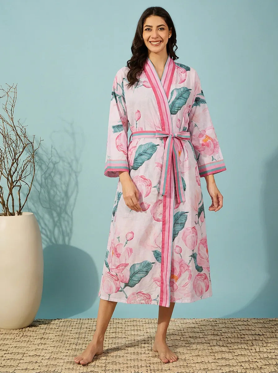 The Kaftan Company Sleep Gown Pink Floral Print Wrap Sleep Gown with Belt